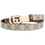 【GUCCI 古馳】GG Marmont 2CM 雙G拋光金轉釦 雙面用 帆布拼牛皮腰帶-烏木棕x暗紅