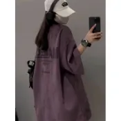 貓與鼠百貨店 烏梅紫色麂皮正肩t恤男夏季oversize短袖重磅美式復古7七分袖