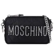 【MOSCHINO】品牌水鑽LOGO菱格尼龍迷你手拿包鏈包斜背包(黑)