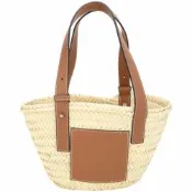 LOEWE 羅威 Basket 小型 棕櫚葉拼小牛皮編織包 托特包 草編包(棕褐色)