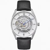【KENNETH COLE】手錶型號KC50205001白色機械鏤空錶面銀42mm錶殼深黑色真皮皮革錶帶款