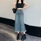 毛邊牛仔魚尾裙女設計感半身裙高腰百搭a字遮肉復古包臀中長裙子#Hi, 貼心優衣家居#