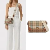 【BURBERRY 巴寶莉】經典格紋牛皮飾邊斜背包(石楠木棕色)