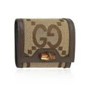 GUCCI 古馳Diana 竹節系列 緹花帆布皮革二折短夾錢包 棕色 (658635 UKMBT 2572)