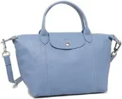全新【Longchamp Le Pliage Cuir】小羊皮短把折疊小型水餃包-薄霧藍