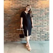 【Want-Meow】90公斤可穿/韓系顯瘦坑條假排扣捲邊螺紋長洋裝長裙(大碼/大尺碼/加大碼/孕婦裝/連身洋裝)