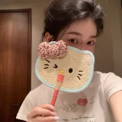 kitty扇子 可愛貓咪卡通小蒲扇夏天手工外出隨身編織便攜式手搖扇子拍照道具