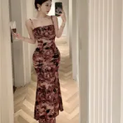 【衣隅Yiyu】性感閃閃植絨印花魚尾吊帶連衣裙 晚禮服連衣裙 高級感性感氣質魚尾裙