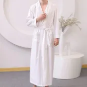 柔軟親膚💮春夏季緞面華夫格薄款男士浴袍長袖加長款加肥大碼吸水睡袍睡衣男