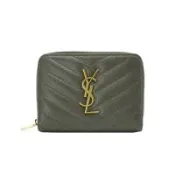 YSL 金LogoV字縫線魚子醬牛皮釦式拉鍊短夾(403723-墨綠)