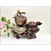(店+)歐舍傢居 福豬 擺件 仿木雕 紅木色 小豬 蘋果 擺飾品 中國風 撲滿 存錢筒 豬事平安 招財 聚寶 生肖豬 禮品