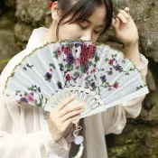 洛陽牡丹 綢布金邊扇中國傳統舞蹈扇子中國風扇子手工折疊扇子
