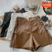 明熙精品屋 【高腰A字顯瘦】女童皮短褲 春秋皮褲 兒童皮褲 韓版皮褲 休閒靴褲 PU皮材質 半拉鍊抽繩設計 鬆緊腰身 春秋季穿搭