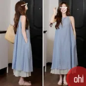 【ohi】條紋肌理感假兩件連身裙 寬鬆顯瘦垂墜感長裙 連身裙 長裙 中長款裙子 洋裝 連衣裙 女裝 GKD261