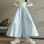 (店+)Alyssa 艾麗莎【現貨】蓬蓬花苞 冰絲褲裙 女生長褲 顯瘦燈籠 闊腿褲 休閒九分 寬褲【WA121】