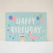 版印明信片：生日卡-生日快樂-貓咪、紅鶴與蛋糕