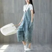 【巴黎精品】復古牛仔吊帶褲大碼寬褲直筒褲落地褲休閒女裝(破洞七分褲寬鬆做舊女長褲子n1ir48)