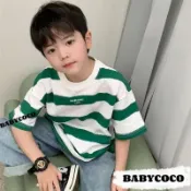  🍀純棉男童粗條紋短袖T恤🍀夏季寬鬆落肩上衣 中小童美式休閒圓領棉T 寶寶透氣百搭塗鴉紋理半袖上衣