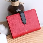 【CELINE】經典品牌燙金防刮皮革扣式寬版零錢中夾(紅黑)