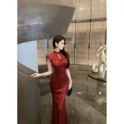 二色實拍 立領旗袍洋裝 網紗拼接亮片洋裝 重工流蘇顯瘦連衣裙 修身魚尾裙 晚禮服 主持人洋裝 酒店工作服 紅色洋裝