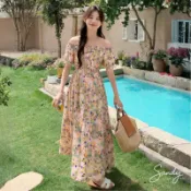 綜合玫瑰小花洋【8871】春夏新款民族風渡假出遊露肩一字領短袖印花連身洋裝 連身裙 長裙連衣裙 Sandy33