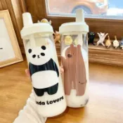小胖達生活百貨 吸管可吸珍珠900ML大容量超可愛熊大玻璃塑膠水杯 吸管水壺 水杯 咖啡杯 環保杯 冷水瓶 交換禮物 珍奶杯