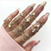 精工坊✨蒼蘭訣 月亮戒指 ins 歐美 波西米亞 寶石戒指 珍珠戒指 指環 尾戒 17件套 鑲鑽戒指 告白 男戒 女戒