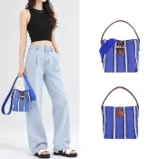 【LONGCHAMP】ROSEAU ESSENTIAL RAYE系列竹節帆布條紋兩用水桶包(小/鈷藍)