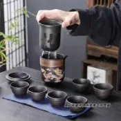 變色旅行茶具泡茶組茶具套装 茶杯茶壶茶具組 茶盤茶海龍鳳呈祥紫砂壶原礦朱泥带茶濾茶杯大容量泡茶壶旅行茶具s0913355