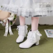 KDS34-39蝴蝶結蕾絲花邊甜美公主鞋蘿莉塔粗跟圓頭側拉鍊短筒時裝靴舞蹈表演COS