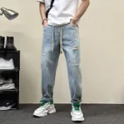 美式破洞刮爛牛仔褲男 寬鬆直筒九分窄管褲潮牌藍色休閒褲