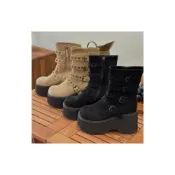 (店+)【DONGCHICHI BOTIQUE】厚底 🖤 8cm 鉚釘 扣環 中筒靴 機車靴 麂皮 軍靴 短靴 演唱會戰靴 IU款 C211