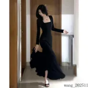 臺灣出貨~秋冬連身裙 魚尾裙秋冬款 黑色步步生蓮方領連衣裙 針織長袖 長裙配大衣包臀裙子 法式洋裝 收腰洋裝 開叉長裙