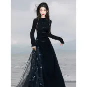 【現貨秒發】新中式國風改良旗袍洋裝 彈力氣質顯身材長袖連身裙 立體裁剪蝴蝶黑色長裙 高級感洋裝 百搭復古民族風大擺裙女裝