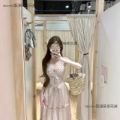 法式復古奶油杏細肩帶長洋裝 女款蕾絲花邊馬甲綁帶收腰顯瘦 蛋糕裙擺氣質仙女連身裙 夏季約會拍照百搭女裝 無袖露背沙灘度假