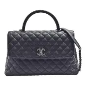 【CHANEL 香奈兒】經典COCOHANDLE菱格荔枝紋牛皮仿舊銀鍊梯形手提/斜背包(大-黑)