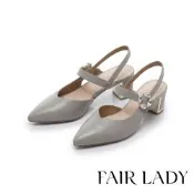 FAIR LADY 芯太軟 撞色斜口金屬鏡面粗跟涼鞋 岩灰 (4M3189)