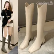 Cinderella V口小個子方頭粗跟高跟瘦瘦騎士靴高筒靴女靴 機車長靴 長靴 不過膝長靴 瘦腿靴 時裝靴 韓版長筒靴