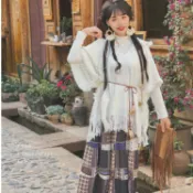臺灣出貨 波希米亞風 民族風洋裝 民族風服飾 渡假洋裝 波西米亞文藝連帽鬥篷新疆草原旅遊毛衣針織衫+民族風印花半身裙