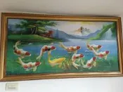 【年年有餘-九魚圖】132*69cm 聚財九如魚 油畫 開運風水畫 風景油畫 聚寶盆畫 辦公室玄關客廳掛畫 裝飾畫 壁畫