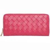 BOTTEGA VENETA 經典品牌NAPPA羊皮編織拉鍊旅行機能長夾(桃紅色)