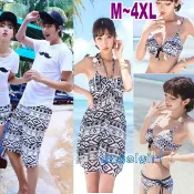 小白代購/台灣現貨加大4XL情侶泳衣南洋風菱格圖騰三件式比基尼+男褲/男女情侶泳裝/韓版海攤優雅渡假風比基尼溫泉泳衣