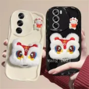 2024 全新手機殼 Oppo Reno12 Pro Reno 12 5G 外殼可愛毛絨舞獅娃娃中式卡通鏡頭保護軟套