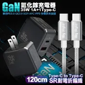 精裝1C+1A 35W氮化鎵充電器 黑+耐彎折編織線 C to C-1.2m 支援iphone16系列