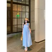 實拍 S-M 重工立體花朵連衣裙 法式洋裝 無袖吊帶裙 寬鬆長裙子 露背度假洋裝 海島洋裝 藍色連衣裙 韓係穿搭夏天女裝