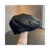 (店+)pu皮質鴨舌帽子女秋冬季英倫復古反戴前進帽時尚個性黑色貝雷帽男