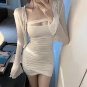 ❤️️現貨❤️洋裝 白色 抹胸 吊帶 細肩帶 連衣裙 性感 露肩 緊身 包臀 氣質 洋裝 禮服 或 長袖 短版 小外套