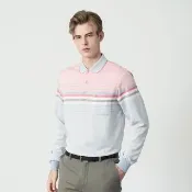 【pierre cardin 皮爾卡登】休閒服飾 男款 經典撞色條紋長袖POLO衫-粉色(5255251-65)
