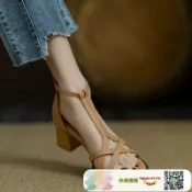 快樂購購 中跟交叉露趾涼鞋女2025夏季新款真軟皮英倫粗跟T字帶羅馬女鞋