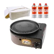 【Iwatani 岩谷】日本圓型無煙燒烤磁式瓦斯烤爐-1.0kW-咖啡色+防水收納提袋-白色+岩谷瓦斯罐3入(CB-SLG-1)